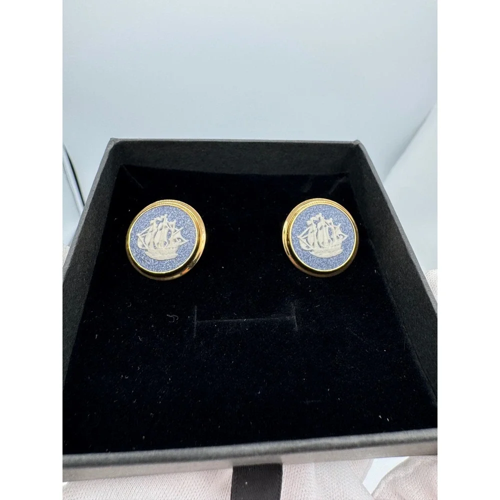 Wedgwood cufflinks Vintage‎ Gold Tone Round Ship Sailing Ship Formal Gift